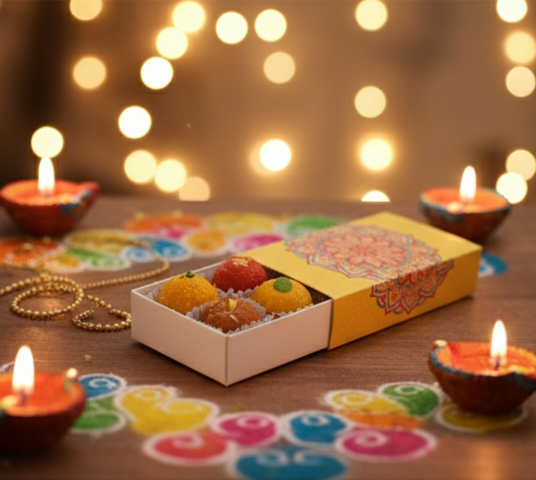 Box of sweets on a table with Diwali decorations and lights in the background